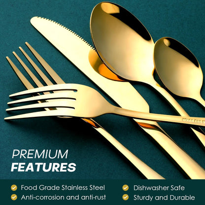 Gold Silverware Set for 8, OGORI 45-Piece Stainless Steel Flatware Set with Serving Set, Mirror