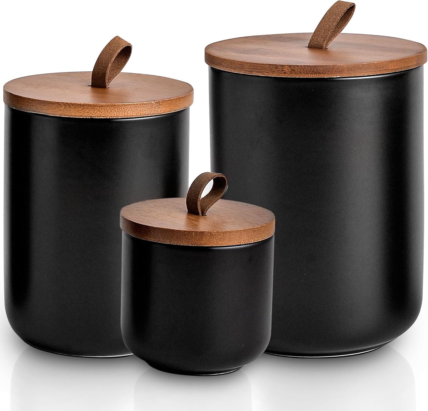 Black Ceramic Canister Set with Bamboo Lids, 3-Piece Airtight Food Storage Jars for Kitchen