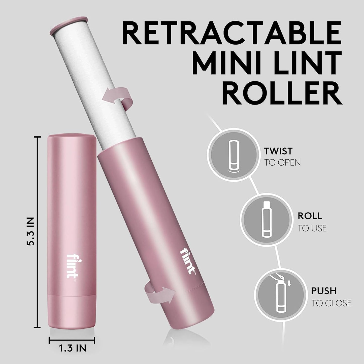 Flint Rose Gold Retractable Mini Lint Roller with 90 Extra Sticky Sheets, Small and Portable Lint