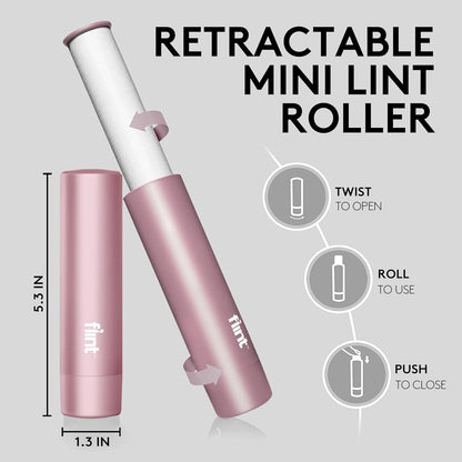 Flint Rose Gold Retractable Mini Lint Roller with 90 Extra Sticky Sheets, Small and Portable Lint