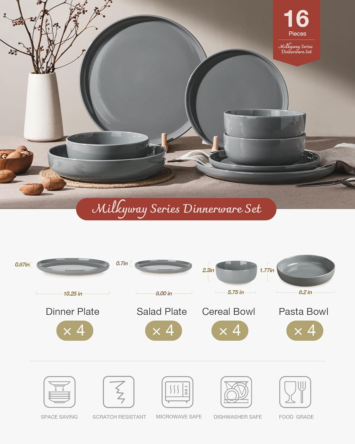 Famiware Milkyway Stoneware Dinnerware Sets with Pasta Bowls, Service for 4 (16 Pieces), Plates and