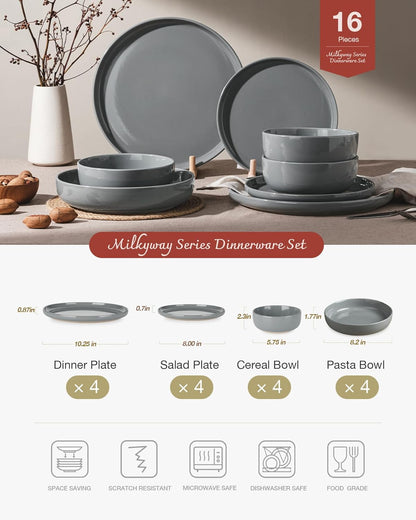 Famiware Milkyway Stoneware Dinnerware Sets with Pasta Bowls, Service for 4 (16 Pieces), Plates and
