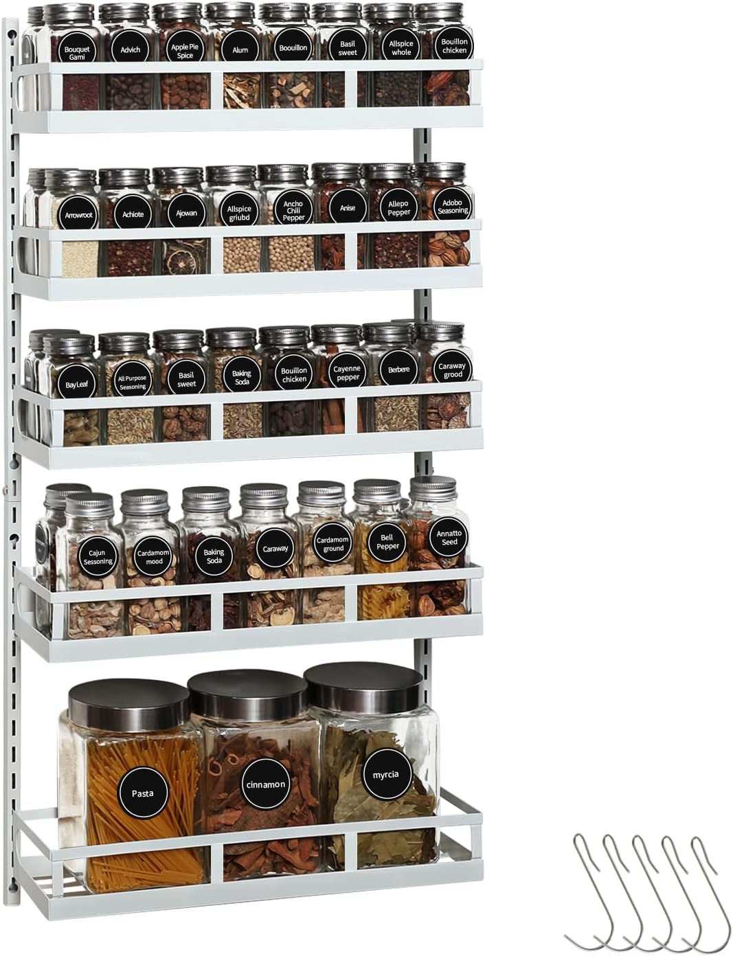 X-cosrack Wall Mount Spice Rack Organizer 5 Tier Height-Adjustable Hanging Spice Shelf Storage for