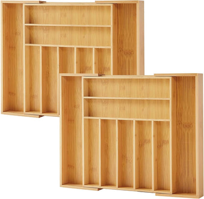 Bamboo Drawer Organizer, 2 Pack - Expandable Silverware Organizer & Utensil Drawer Organizer