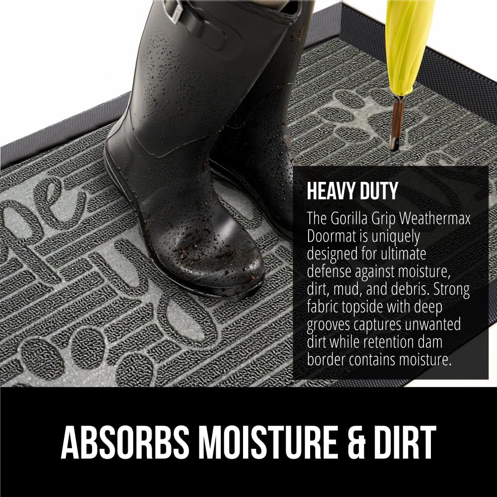 GORILLA GRIP 100% Waterproof All-Season WeatherMax Doormat US Designed Natural Rubber, Stain and