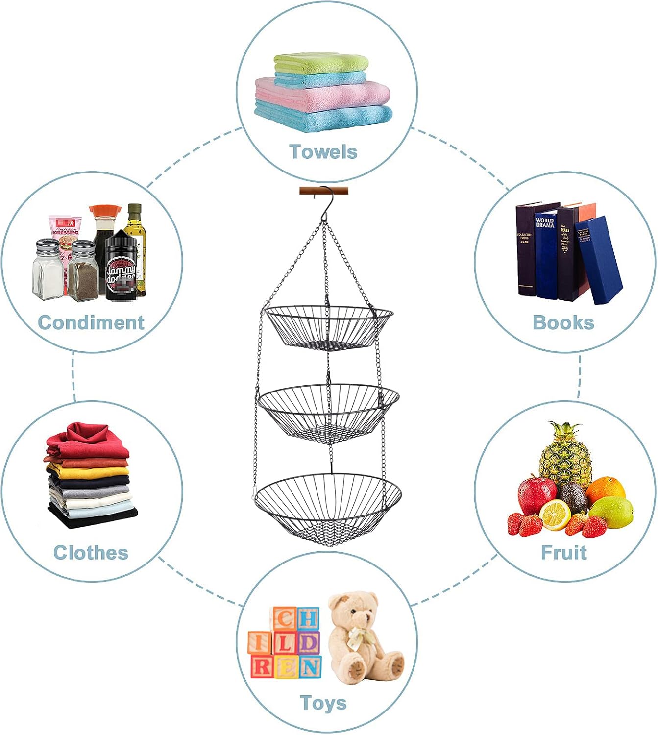 3-Tier Wire Fruit Hanging Basket 2 Packs,non-Punching Wall Hanging Storage,Kitchen Bathroom