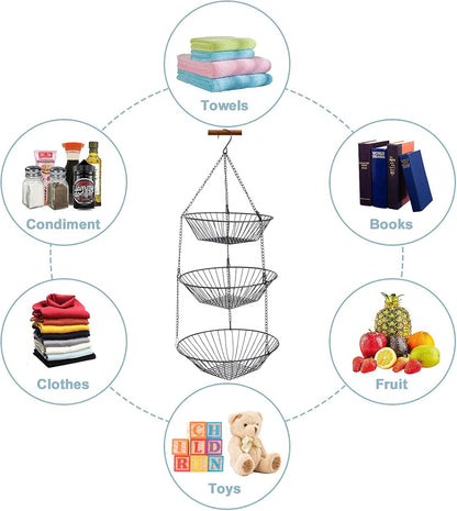 3-Tier Wire Fruit Hanging Basket 2 Packs,non-Punching Wall Hanging Storage,Kitchen Bathroom