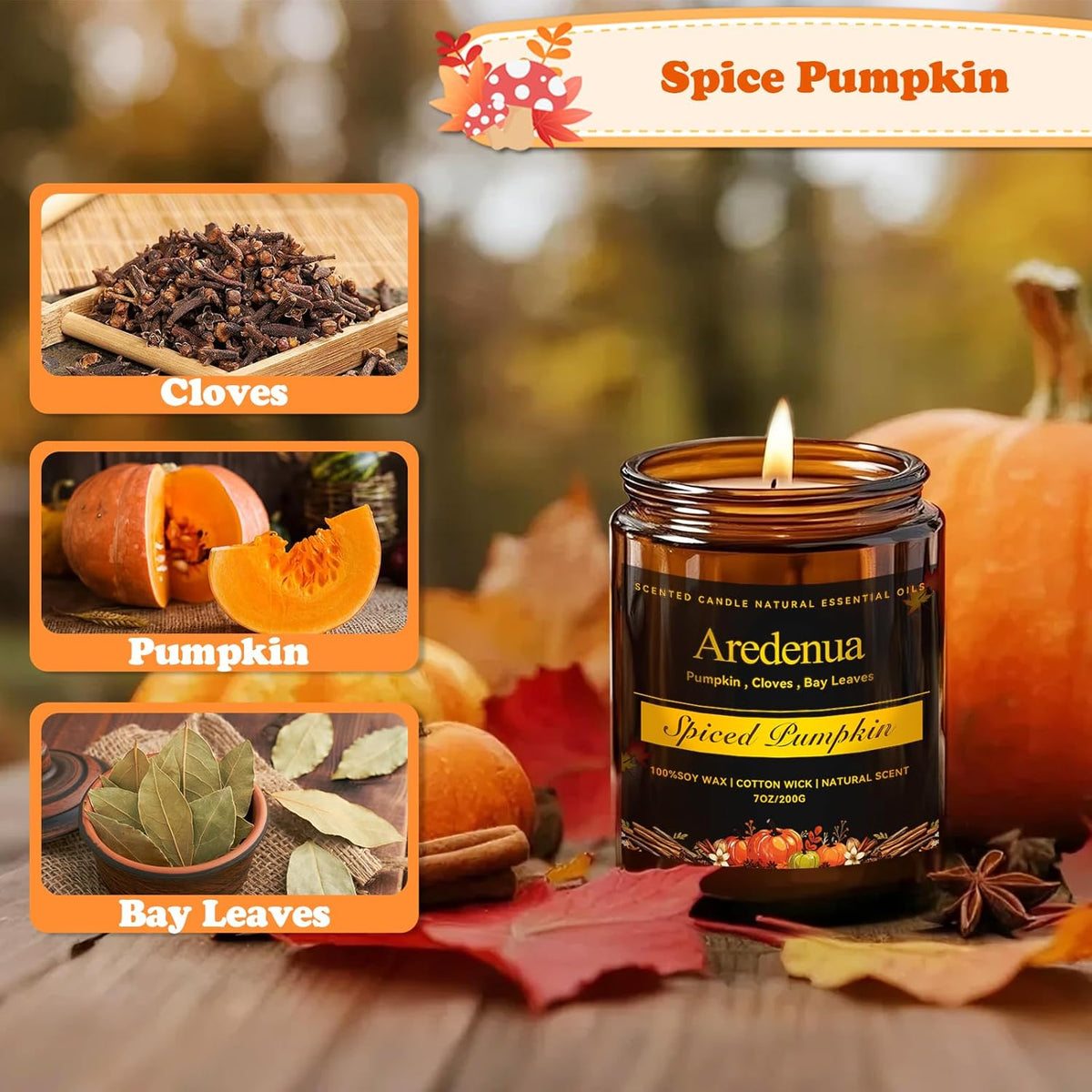 Fall Candles - Spiced Pumpkin Scented Candle, Autumn Scented Candles for Home - Natural Soy Autumn