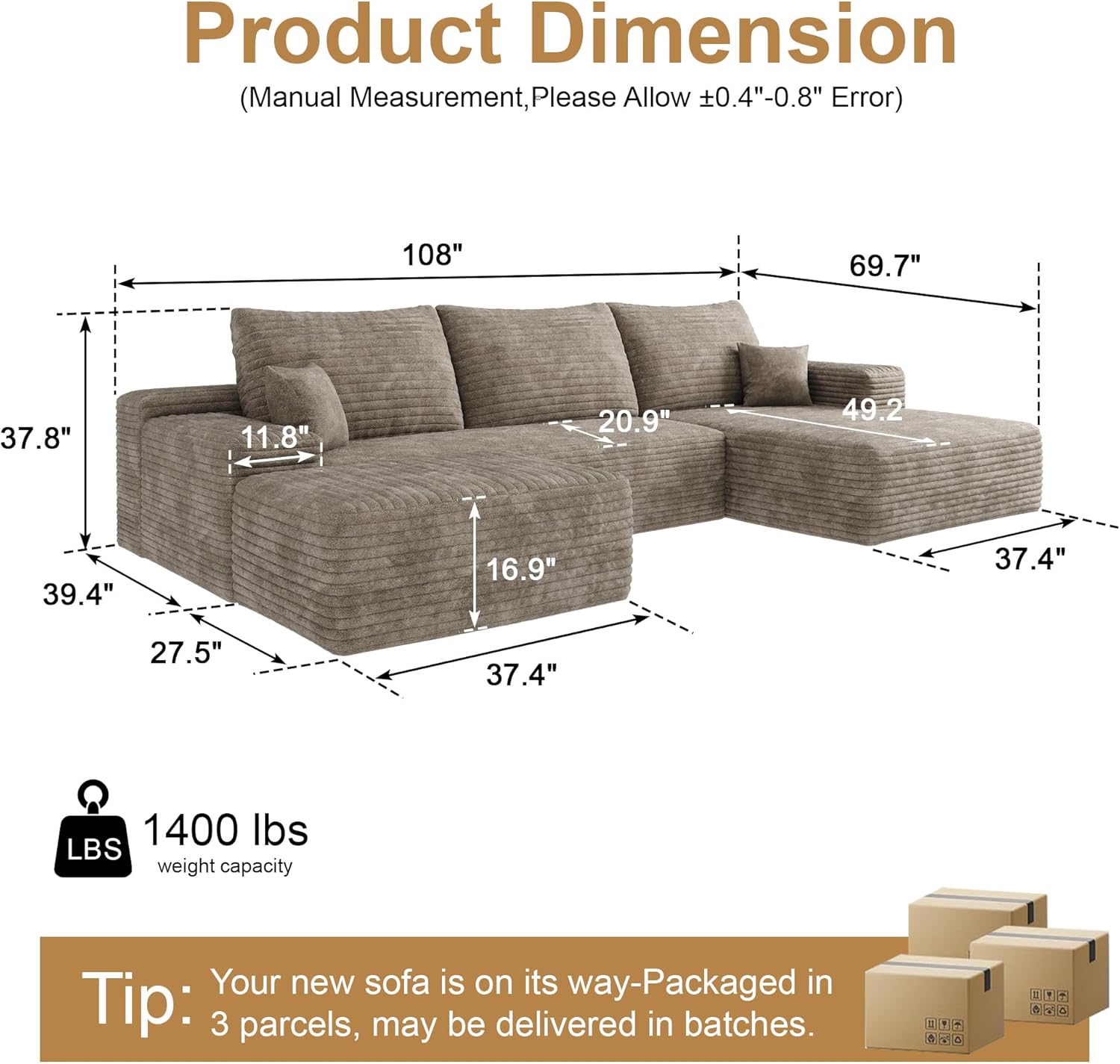 108" Sectional Couches for Living Room Modern Modular Sofa with L-Shape Couchs Upholstered Boneless