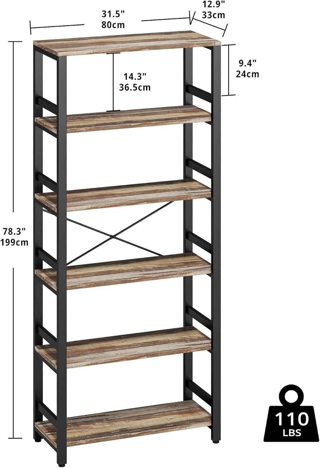 IRONCK Bookshelf, 31.5in Wide Shelf 6 Tier Bookcase, 110lbs/shelf Vintage Industrial Style