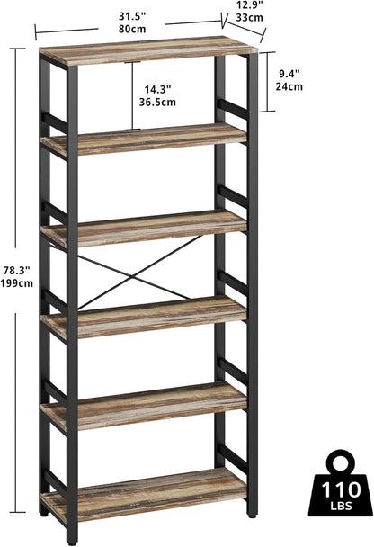 IRONCK Bookshelf, 31.5in Wide Shelf 6 Tier Bookcase, 110lbs/shelf Vintage Industrial Style