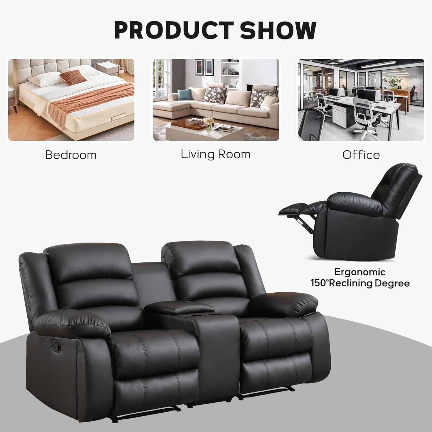 EBELLO Faux Leather Manual Loveseat Recliner, Reclining Sofa Chair with 2 Concealed Cup Holders