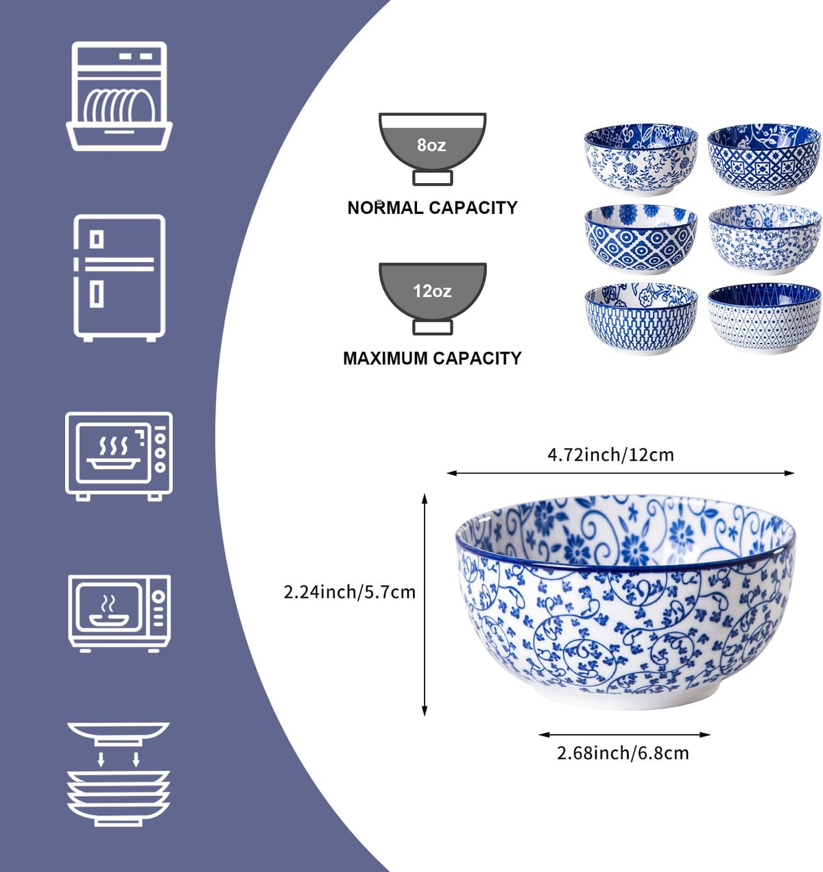 Ceramic Dessert Bowls Set - 11 Oz Small Ice Cream Bowl for kitchen - 4.7 Inch Porcelain Cereal Bowl