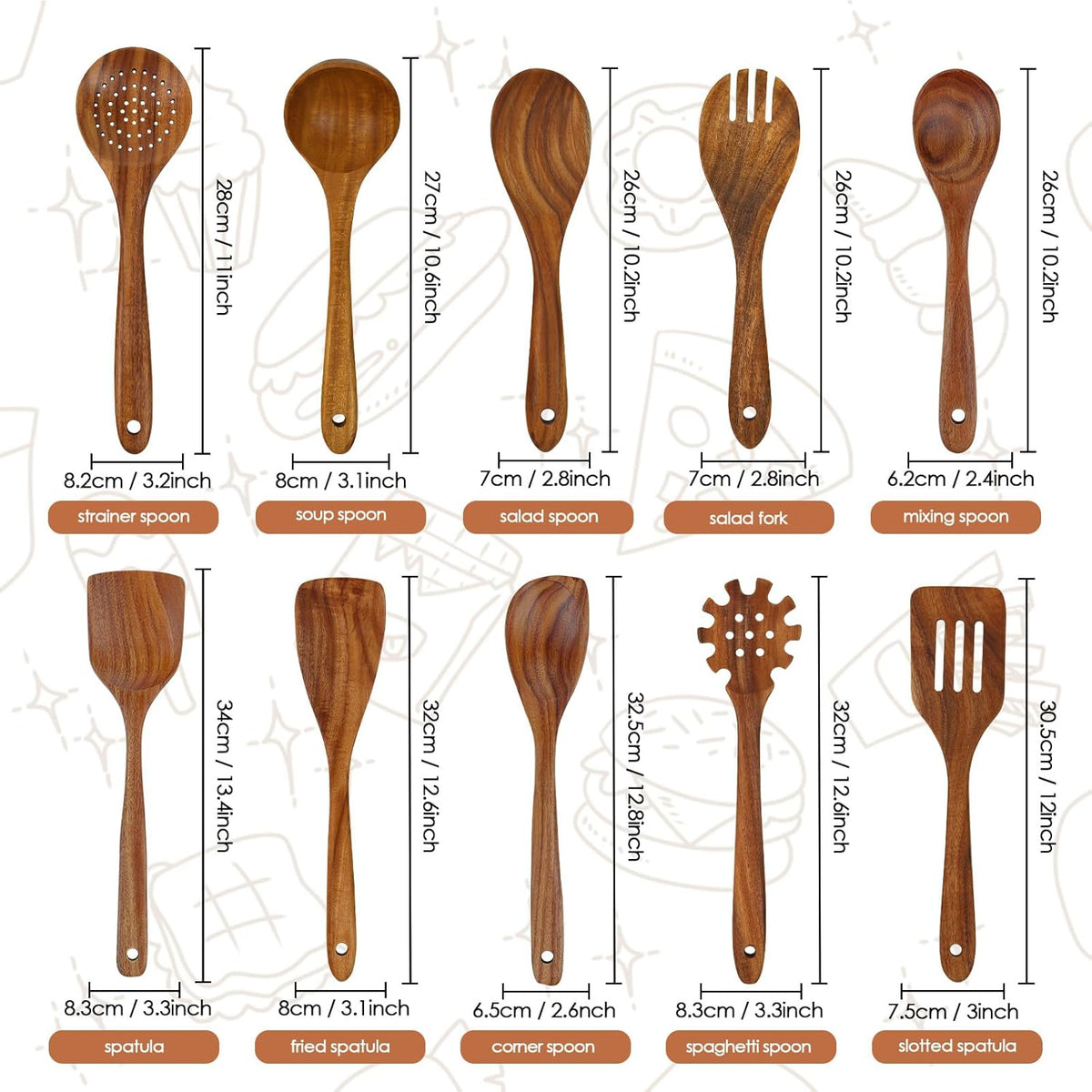 comfoyar Teak Wooden Spoons for Cooking, 10 Pieces Kitchen Cooking Utenails Set with Spatula and