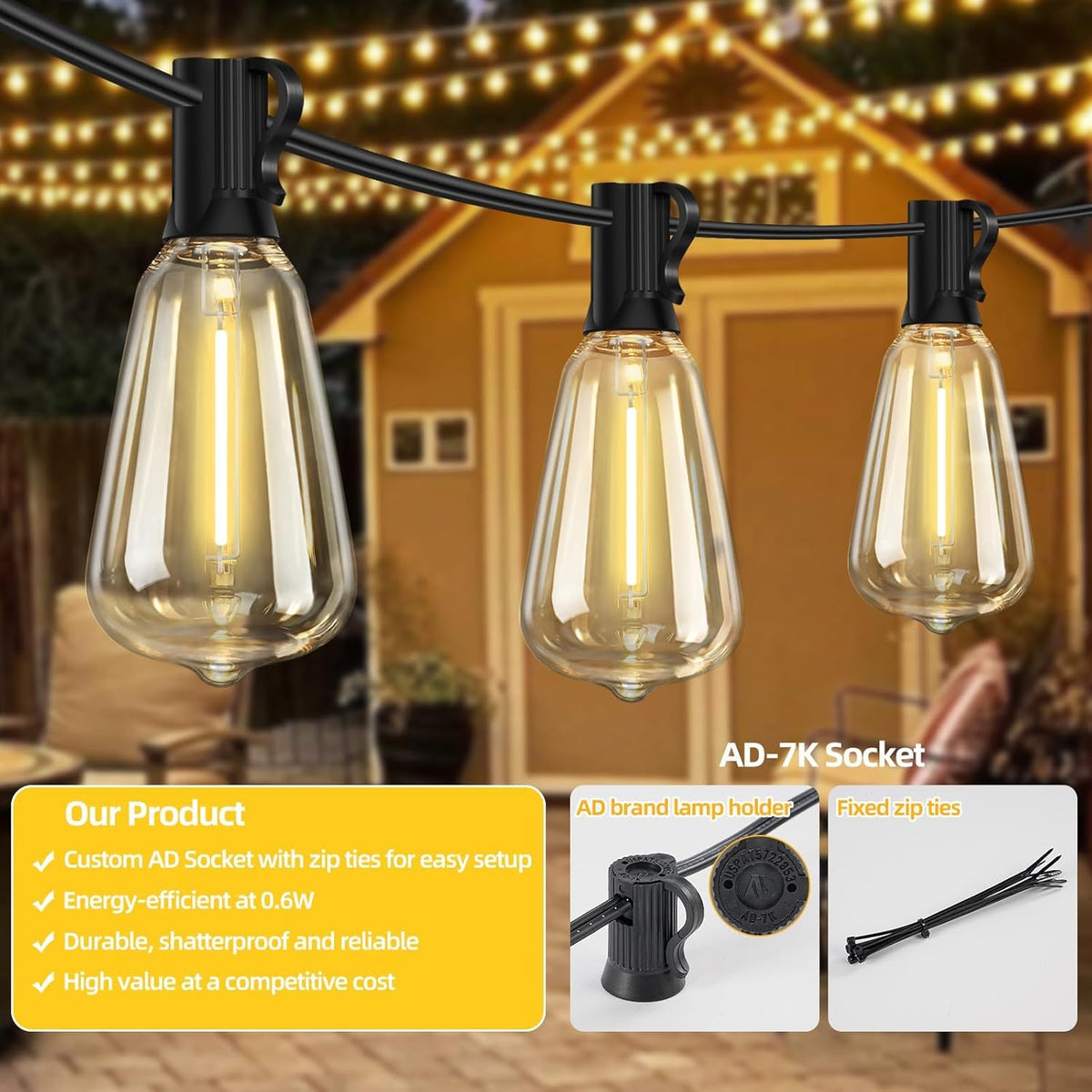 ST38 Outdoor String Lights 25FT with 12+1 LED Bulbs, E12 Socket, Waterproof Commercial Grade, 2700K