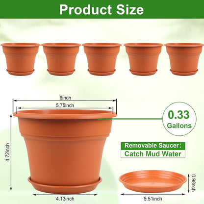 6 Inch Plastic-Flower Pot-for-Indoor Plants, 6 Pack Outdoor Plant Pots with Drainage Holes &