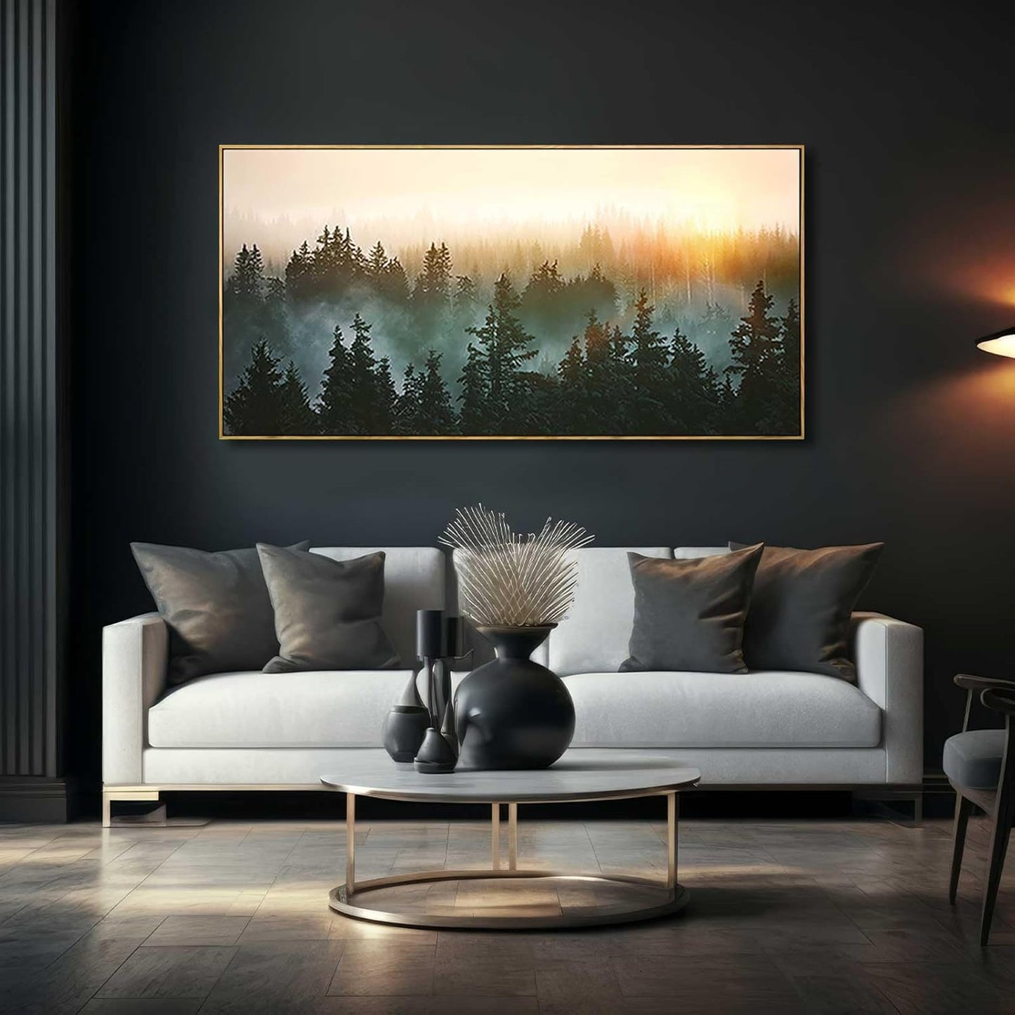 Living Room Wall Art Sunrise Misty Forest 24"x48" Modern Home Wall Decor Plants Wall Decorations