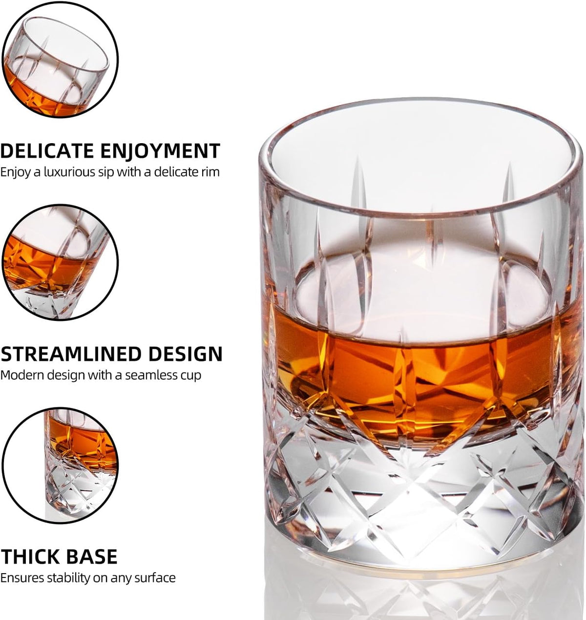 KAMMAK Crystal Whiskey Glasses Set of 2, Handcrafted 2.03oz Old Fashioned Glasses Stemless, Luxury