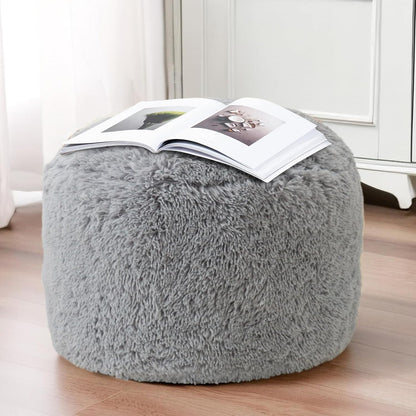 HIGOGOGO Round Stuffed Pouf Ottoman, Long Faux Fur Poufs with Foam Chunk Filling, Fluffy and Furry