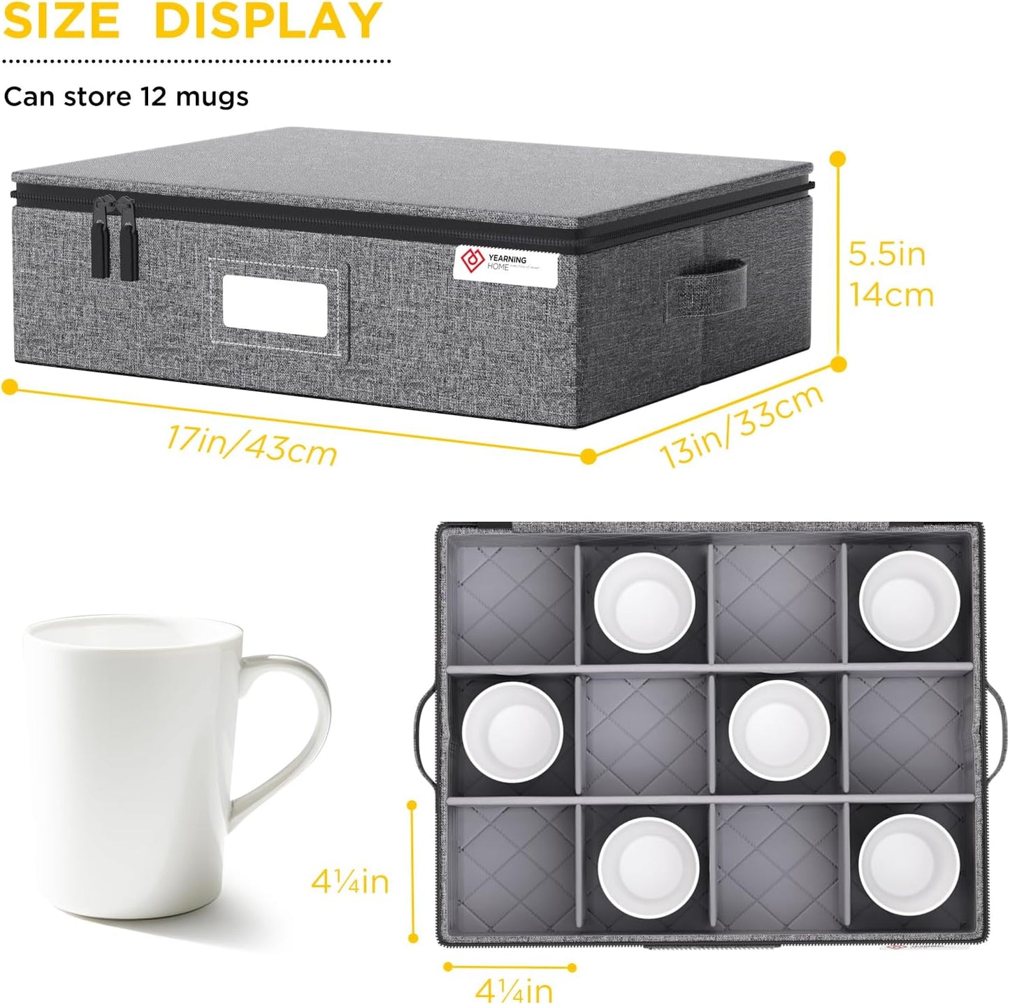 YearningHome Cup and Mug Storage Box with Hard Shell and Dividers for Coffee Mugs,Tea Cups and