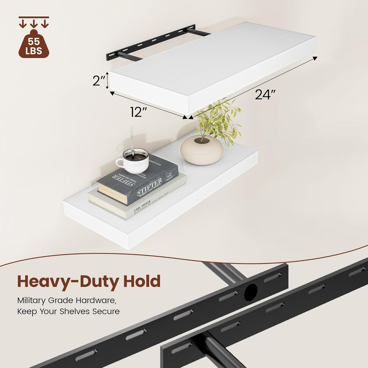 White Floating Shelves for Wall, 24 Inch X 12 Deep Shelves for Room Wall Mounted，2" Thick Heavy