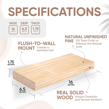 Homeforia Wood Floating Shelf 16 inch, High End Solid Natural Wood 16inch Floating Shelves for Wall