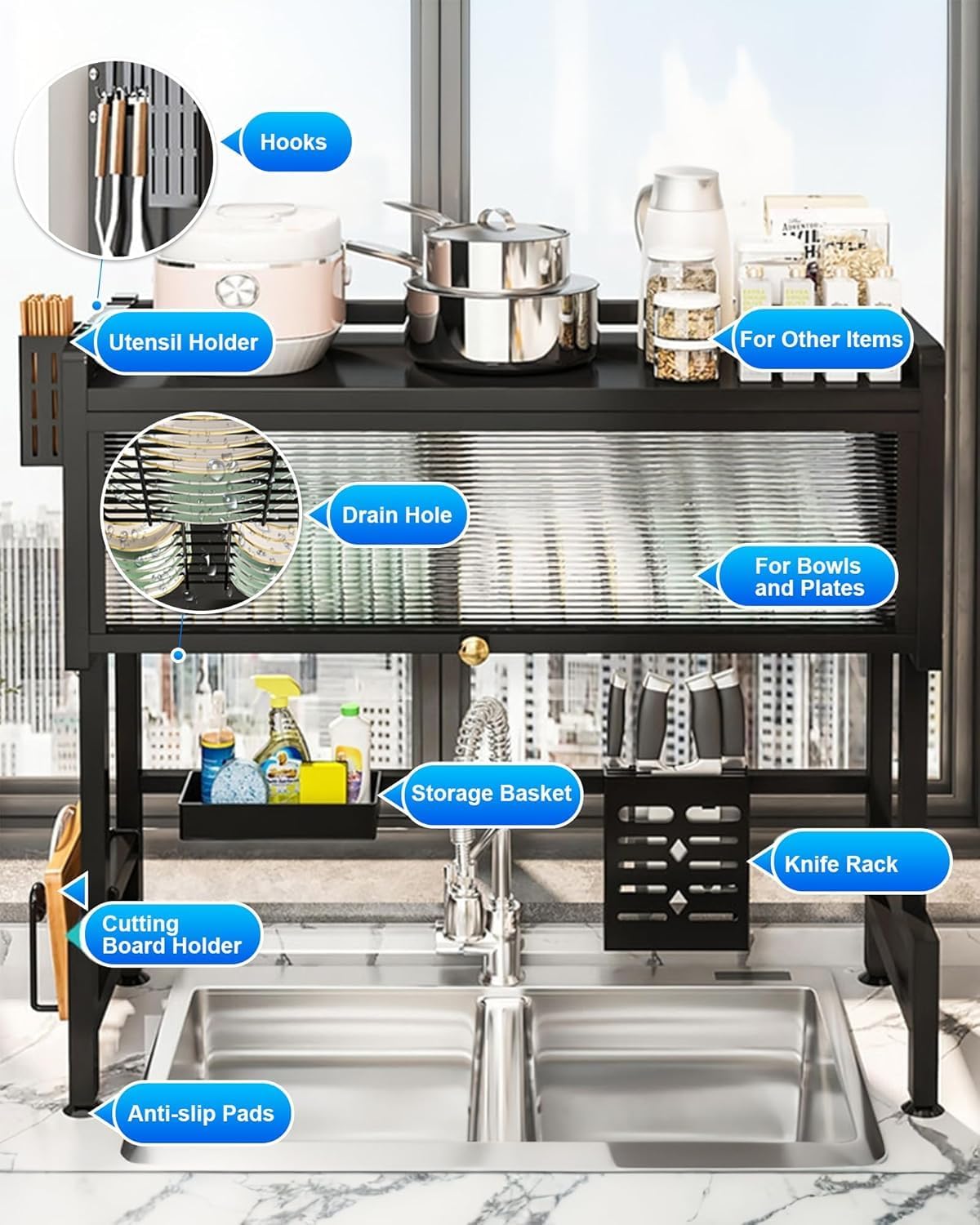 Dish Drying Rack, 3-Tier Over Sink Dish Drying Rack, 33.5" Over Sink Dish Rack for Small Kitchen