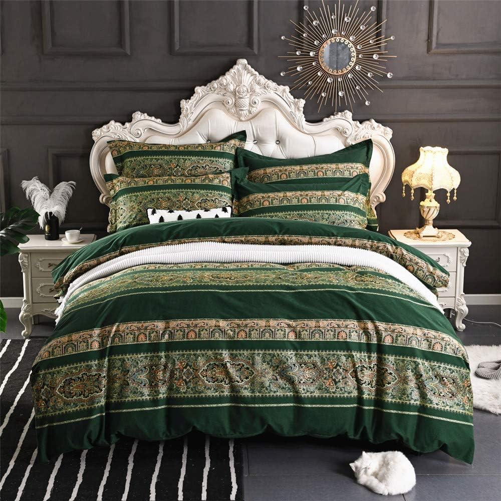 ABREEZE Bohemian Vintage Full Size Floral Cotton Bedding Set 3Pcs Duvet Cover Set Boho Green