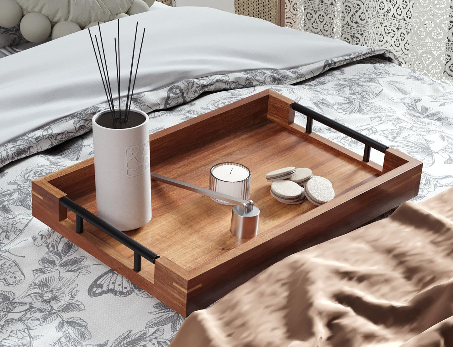 Acacia Wood Serving Tray with Metal Handles,15x10in Ottoman Decorative Trays Platter for Coffee