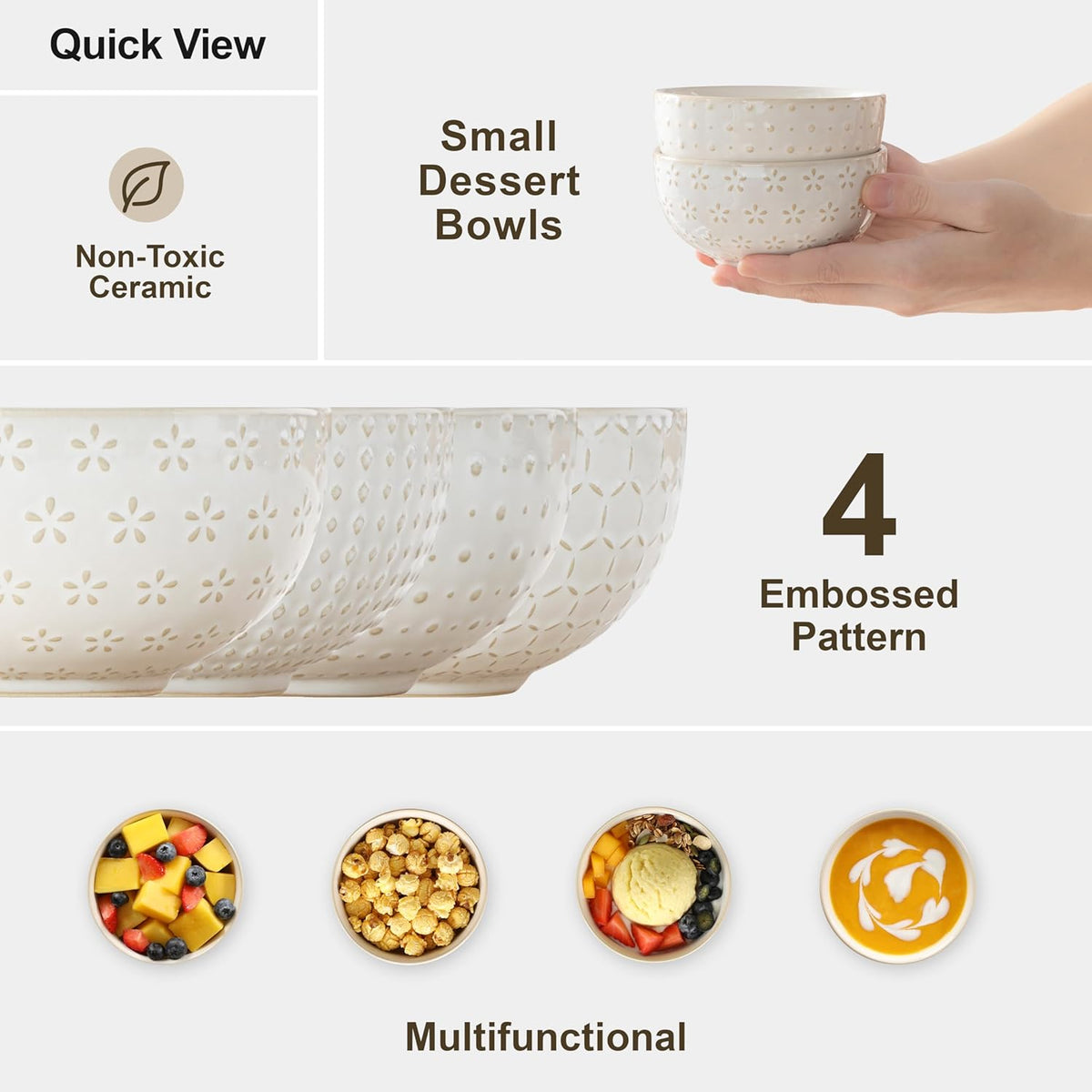 MALACASA Small Bowls, 14 Ounce Ice Cream Bowl, Stoneware Dessert Bowls Set of 4 with Embossment for