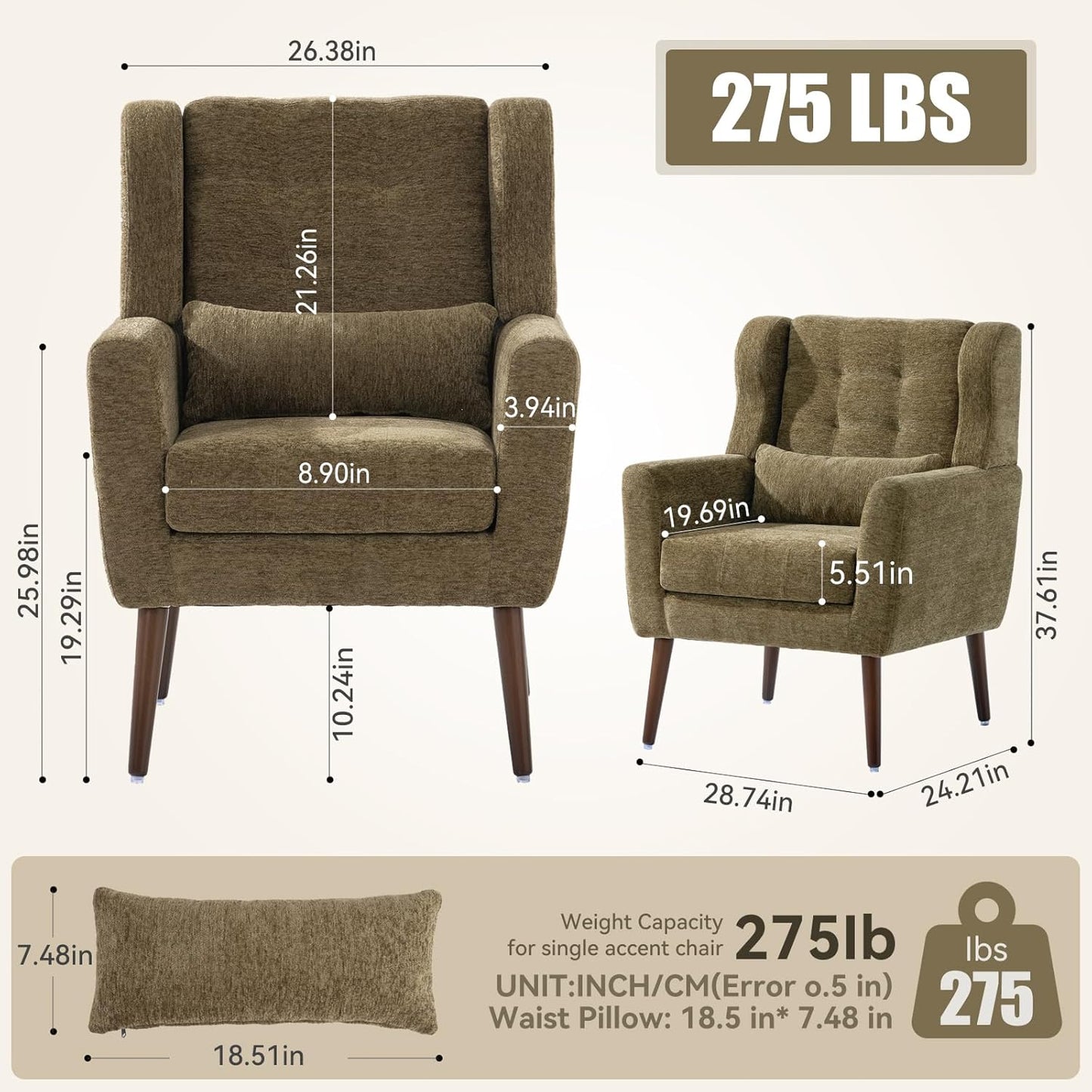 Modern Accent Chair, Upholstered Armchair with Pillow, Fabric Single Sofa Chair with Lounge Seat