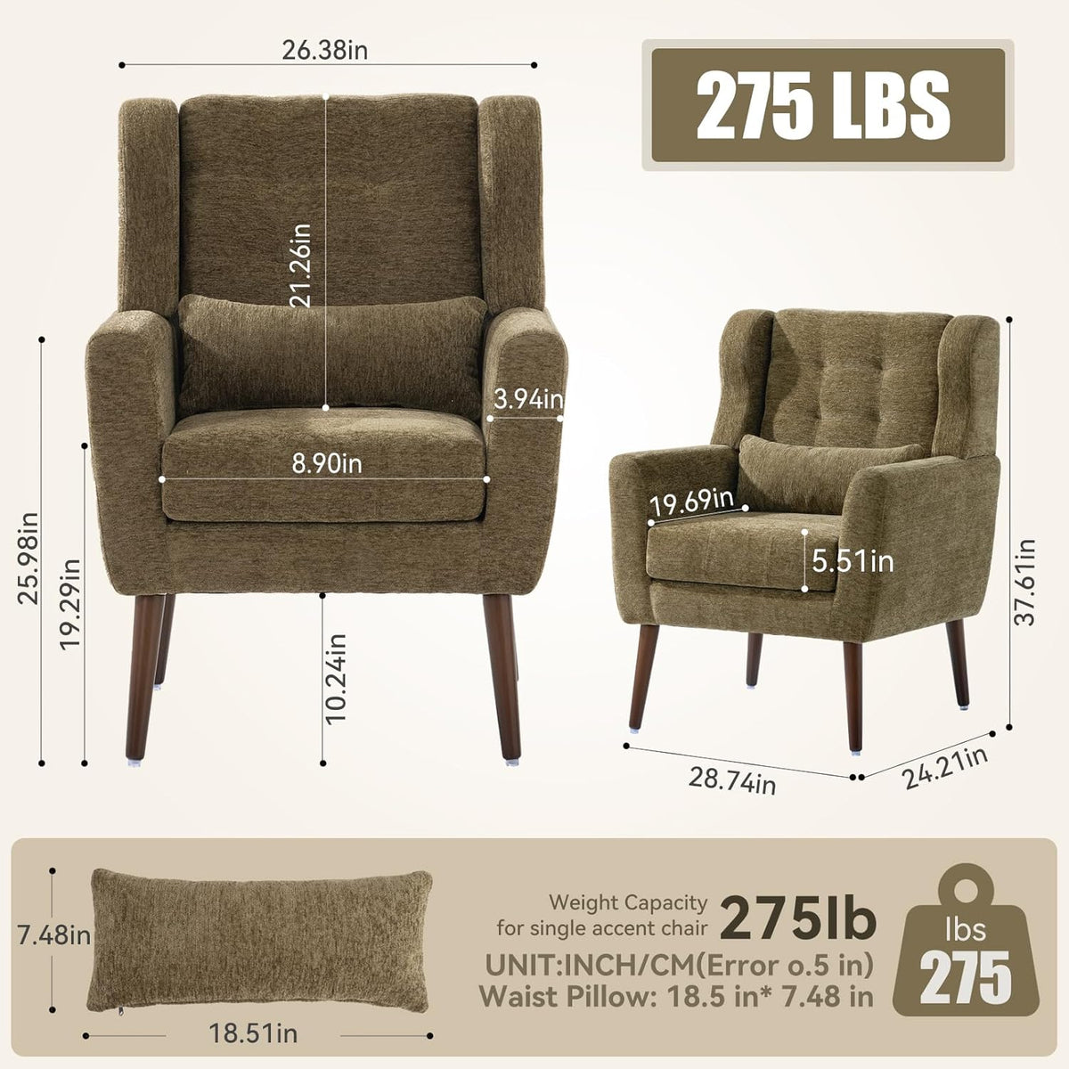 Modern Accent Chair, Upholstered Armchair with Pillow, Fabric Single Sofa Chair with Lounge Seat