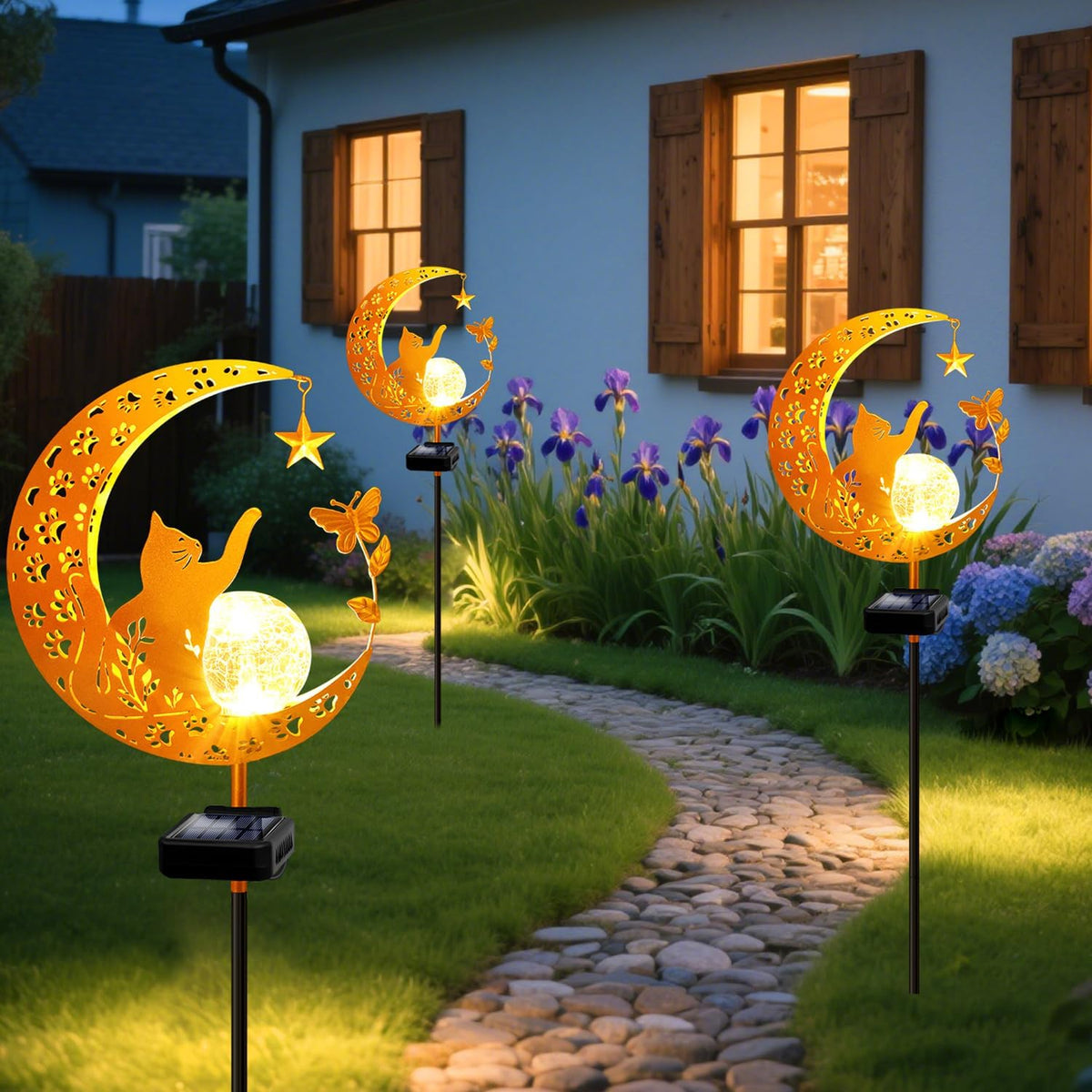 YJFWAL Garden Solar Cat Lights Pathway Stake Lights Glass Globe with Moon Cat Decor, Gifts for Mom
