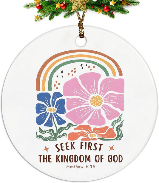 Christian Ornaments, Matthew 6:33 Seek First Scripture 70s Groovy Retro Floral Ceramic Ornament