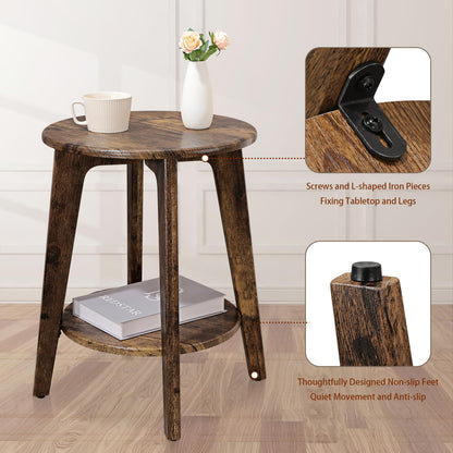 Small Round Side Table Wooden End Table with Lower Shelf Modern Nightstand Bedside Table for Small