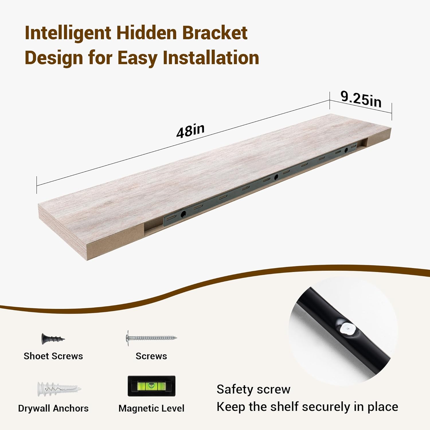 48 Inch Floating Shelves, 3D Textured Wood Grain, 48"x9.25"x1.5" Inch Deep Floating Shelves for