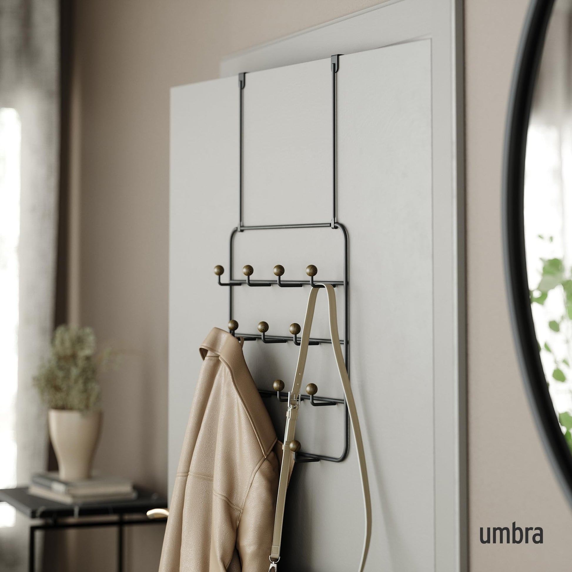 Umbra Estique Coat Rack, Over the Door Wall Hooks, 14 Hook, Black/Walnut