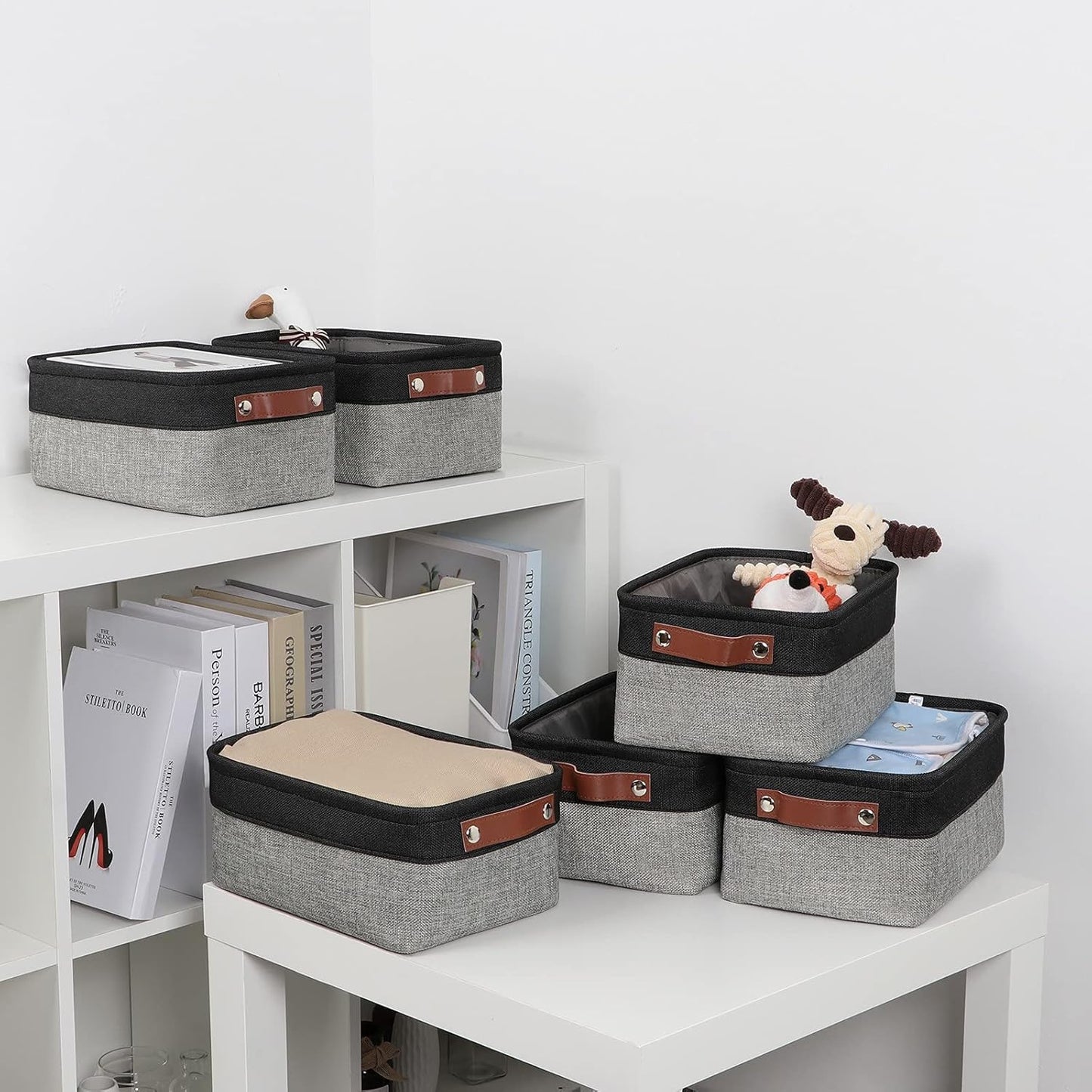 DULLEMELO Small Storage Baskets for Shelves, Small Fabric Collapsible Rectangular Storage Bins for