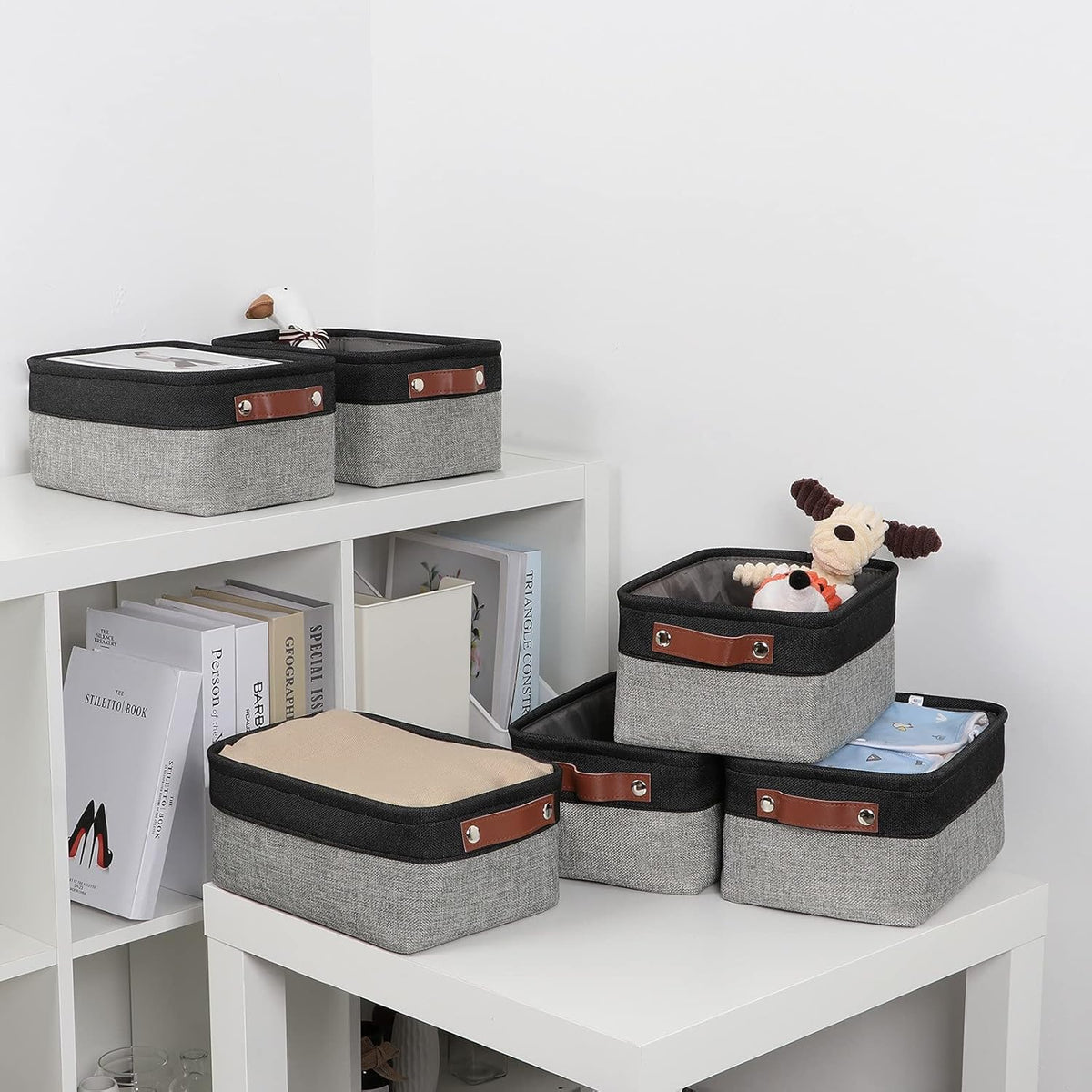 DULLEMELO Small Storage Baskets for Shelves, Small Fabric Collapsible Rectangular Storage Bins for