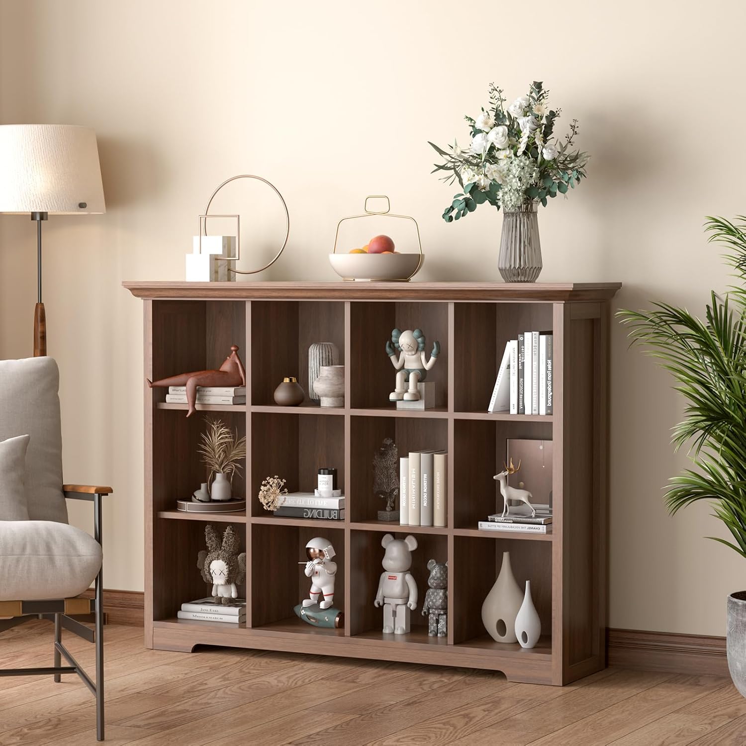 Cube Shelf Bookcase with Base - Wooden 3 Tiers Floor Standing Low Storage Cabinet for Home and