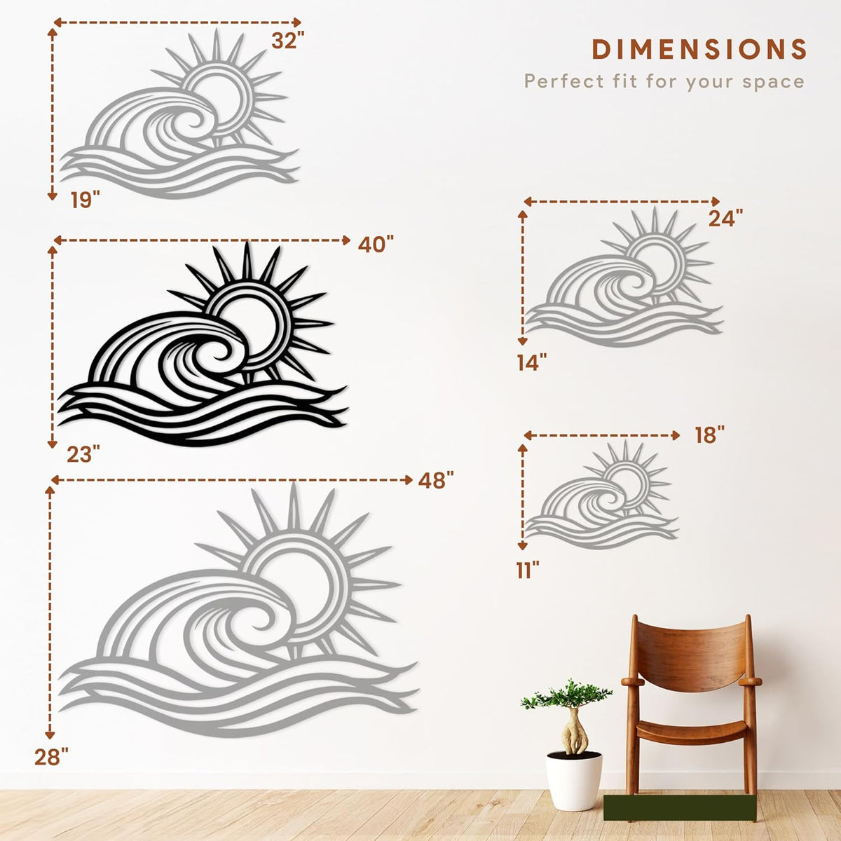Wita Home Ocean Wave Metal Wall Art, Sun Beach Decor, Coastal Large Wall Sculpture for Home