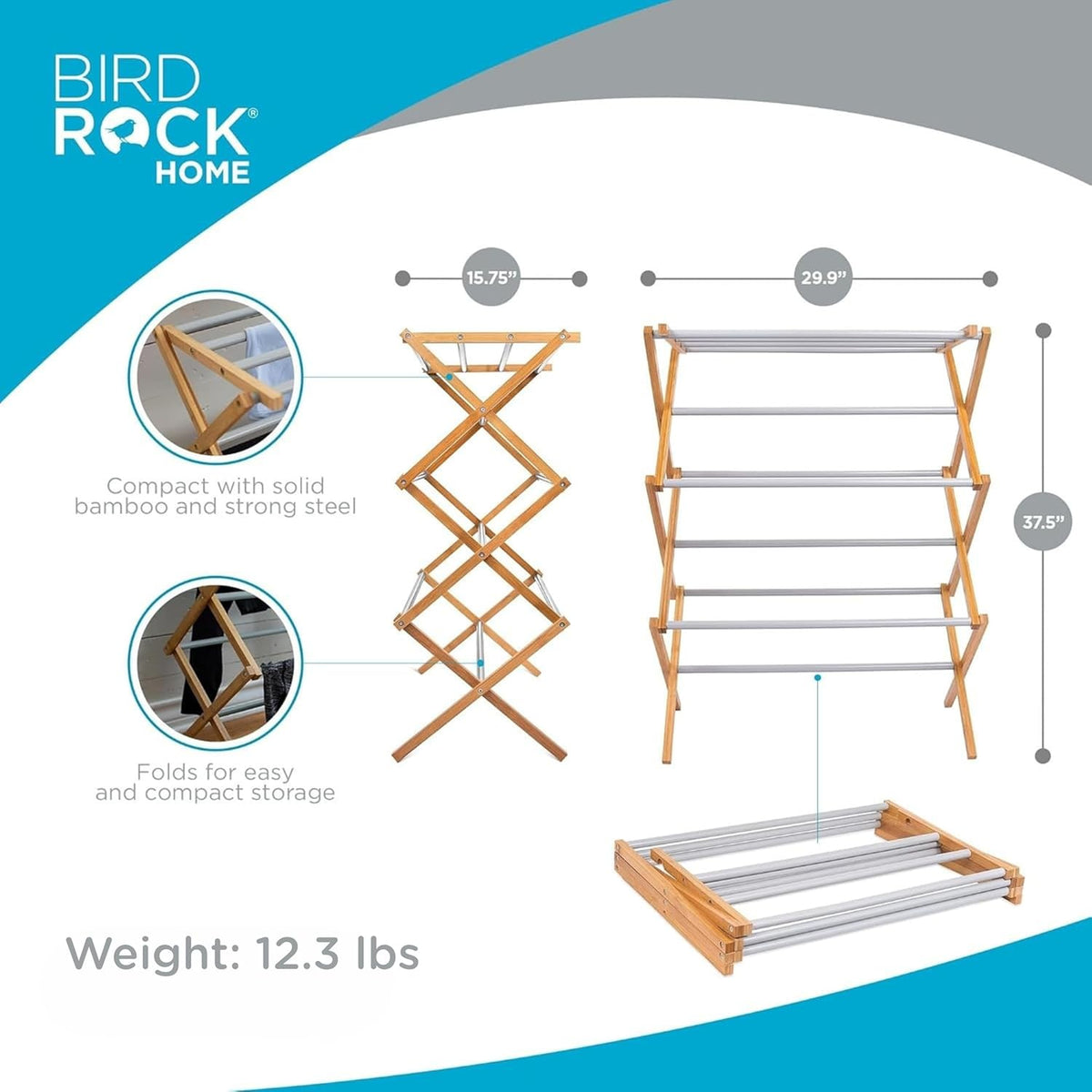 BirdRock Home Wooden Clothes Drying Rack | 3-Tier Foldable Bamboo Laundry Stand | Water-Resistant