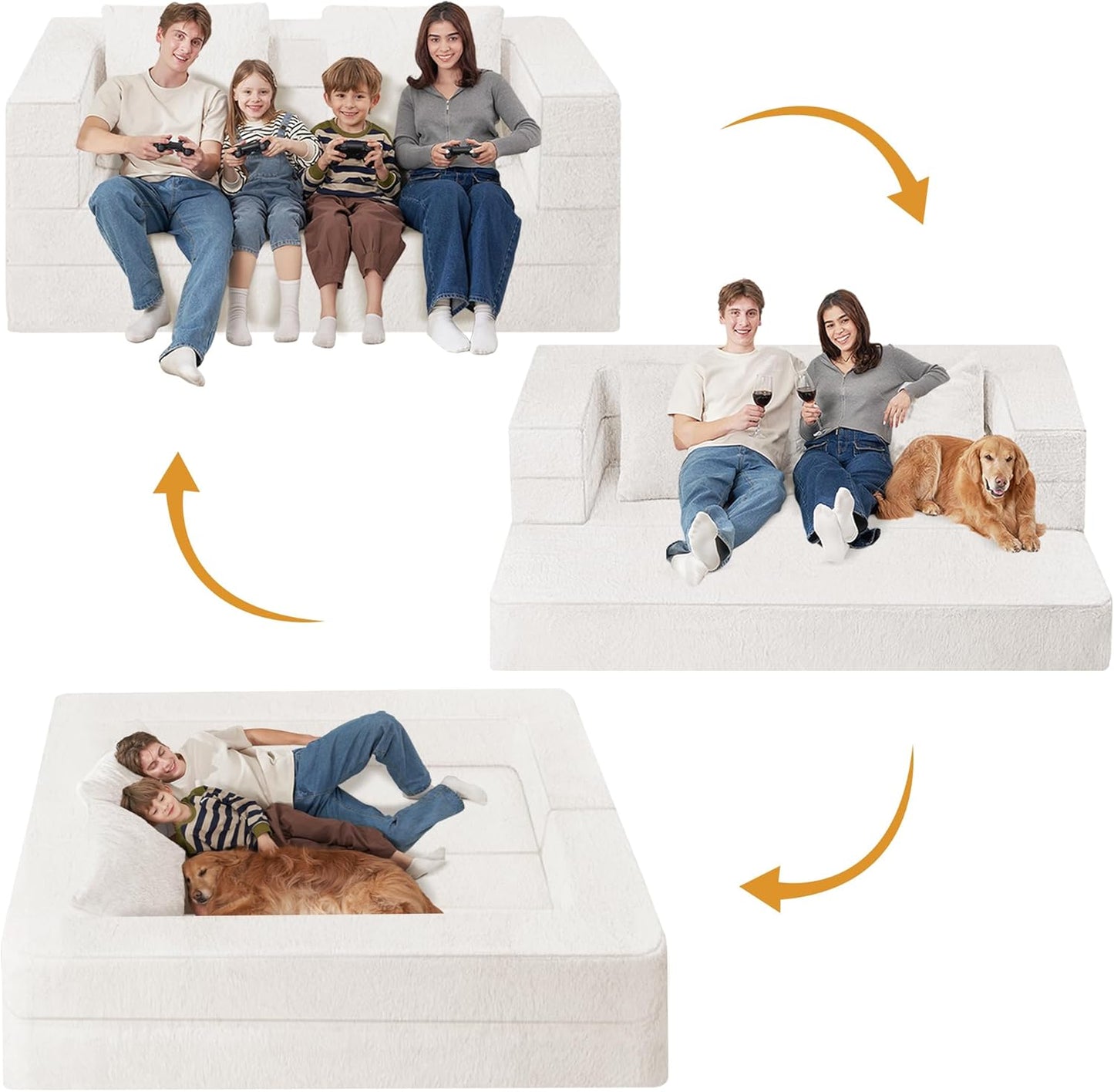 Folding Bean Bag Chair for Adults,3-in-1 Bean Bag Couch Faux Fur Floor Sofa Large Beanbag