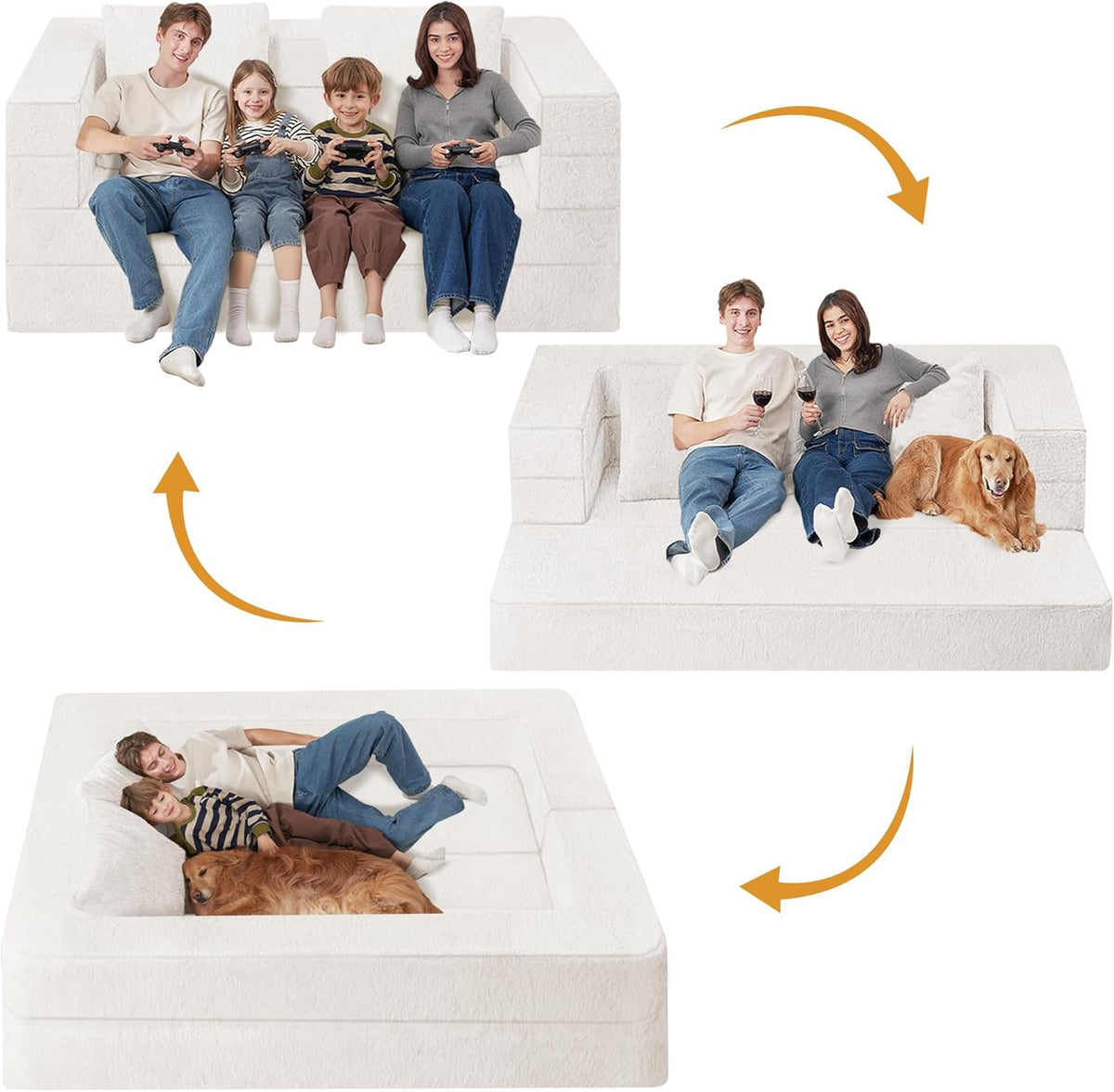 Folding Bean Bag Chair for Adults,3-in-1 Bean Bag Couch Faux Fur Floor Sofa Large Beanbag