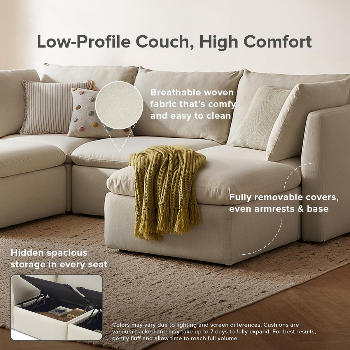 mopio Oversized Modular Sectional Sofa with Fully Removable Covers and Storage, Convertible U