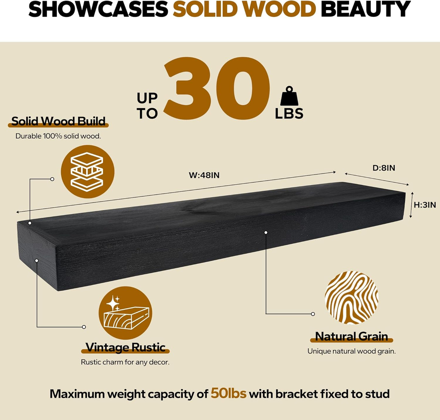 Floating Shelves 3 inch Thick for Wall Set of 2,Solid Pine Wood Wall Mount Shelf for Kitchen Living