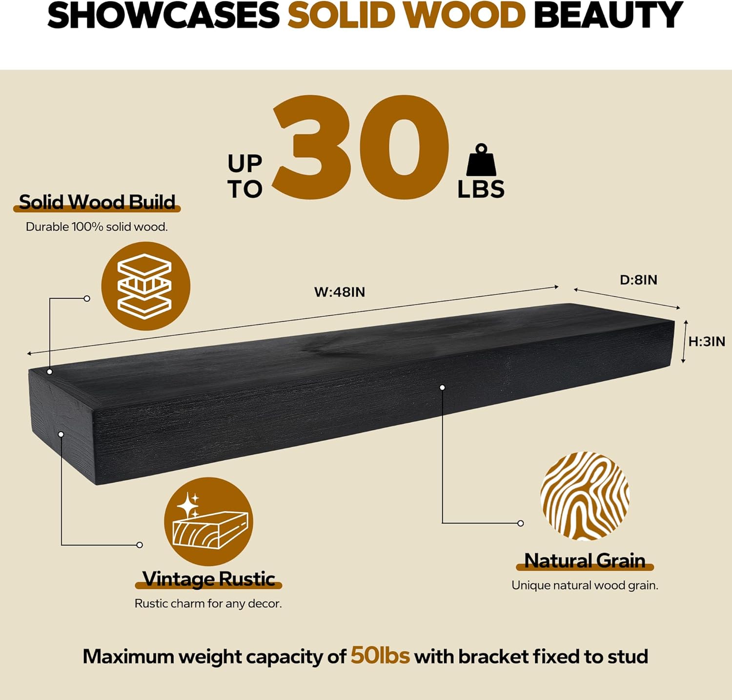 Floating Shelves 3 inch Thick for Wall Set of 2,Solid Pine Wood Wall Mount Shelf for Kitchen Living