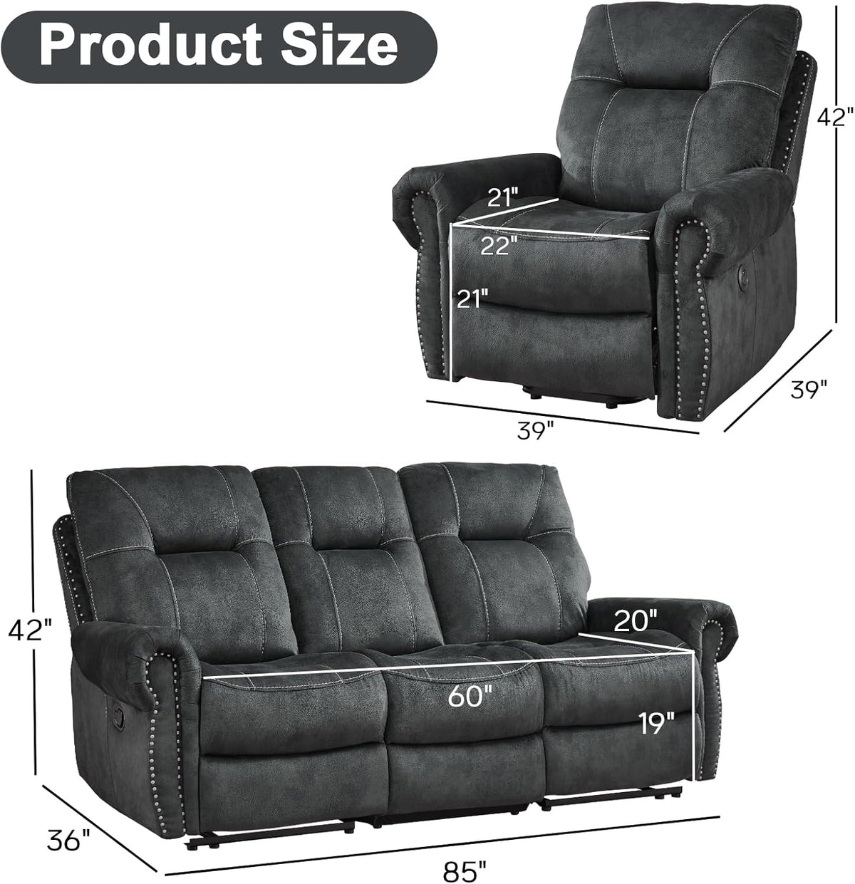 EBELLO 2 Pieces Reclining Couch Furniture Set for Living Room, 1 Seat Power Recliner and a 3 Seater