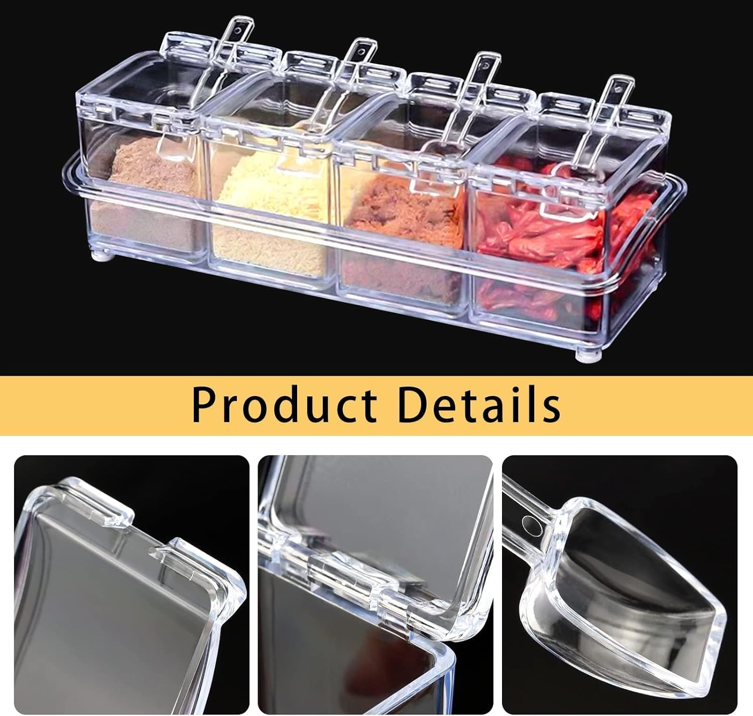 4-Cell Clear Seasoning Rack Spice Box, Storage Container Condiment Jars Acrylic Seasoning Box with