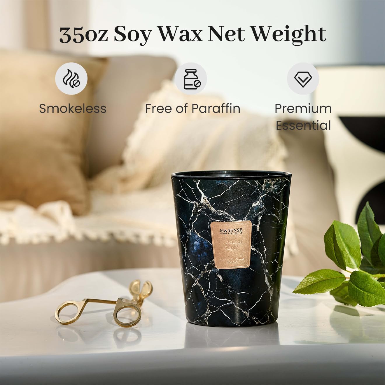 M&SENSE LeatherNight Scented Candles for Home, 3-Wick Highly Scented Jar Candles, Extra Large